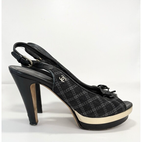 Chanel Black Checkered Embroidered Canvas Peep Toe Platform Slingbacks Sz EU 35C - Picture 1 of 16